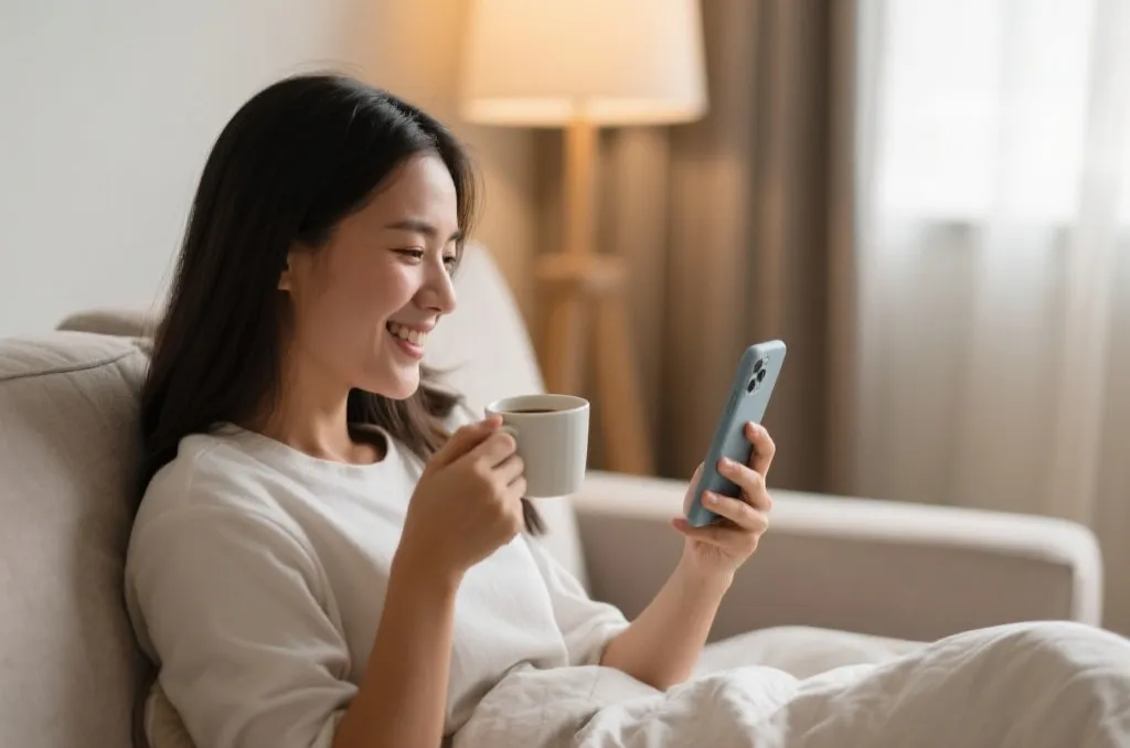一个人在舒适的室内环境中微笑着看着智能手机屏幕，手捧咖啡